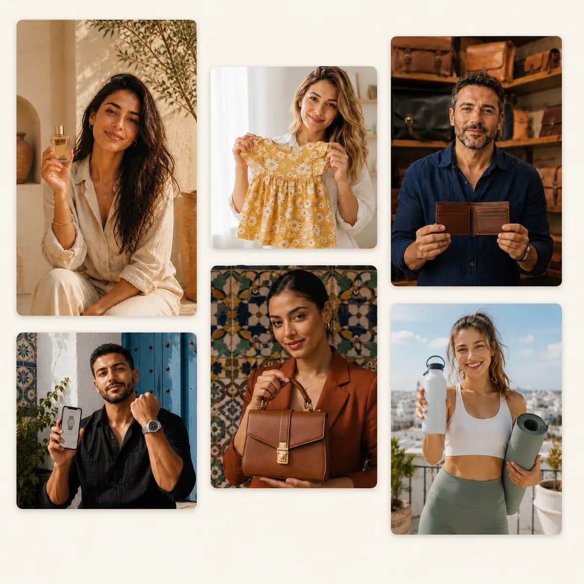 Créateurs tunisiens présentant parfum, mode enfant, maroquinerie, sac, fitness et montres